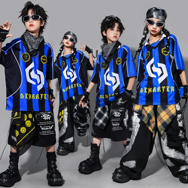 Meninos hip hop outfits azul contraste camiseta calças de carga meninas dança de rua jazz traje crianças roupas k-pop streetwear