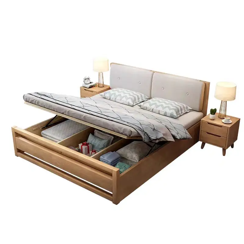 Cadre de lit économique nordique moderne et simple en bois massif, avec sommier à caissons hauts, disponible en tailles King et Queen, ensemble de meubles de chambre à coucher