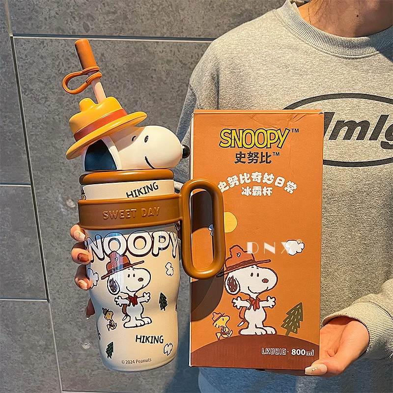 Termo de gran capacidad con aislamiento de personajes de Snoopy, taza de agua portátil para exteriores, vaso de paja, regalo para niños, novedad de 2024