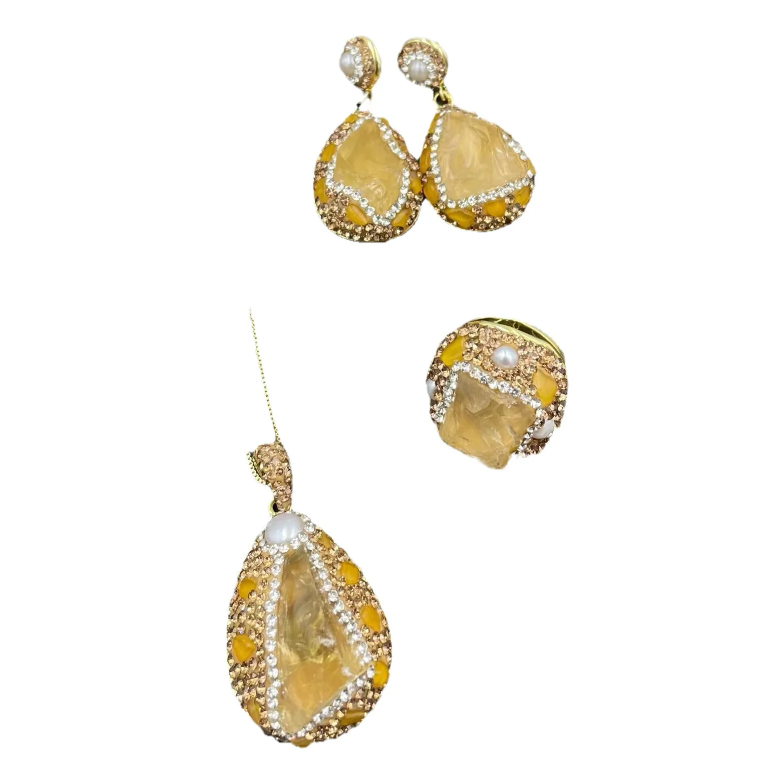 Baroque Pearl Yellow Set Natural Freshwater Special-shaped Pearl Sweater Chain Premium Inlaid Crystal, Necklace Earrings Ring