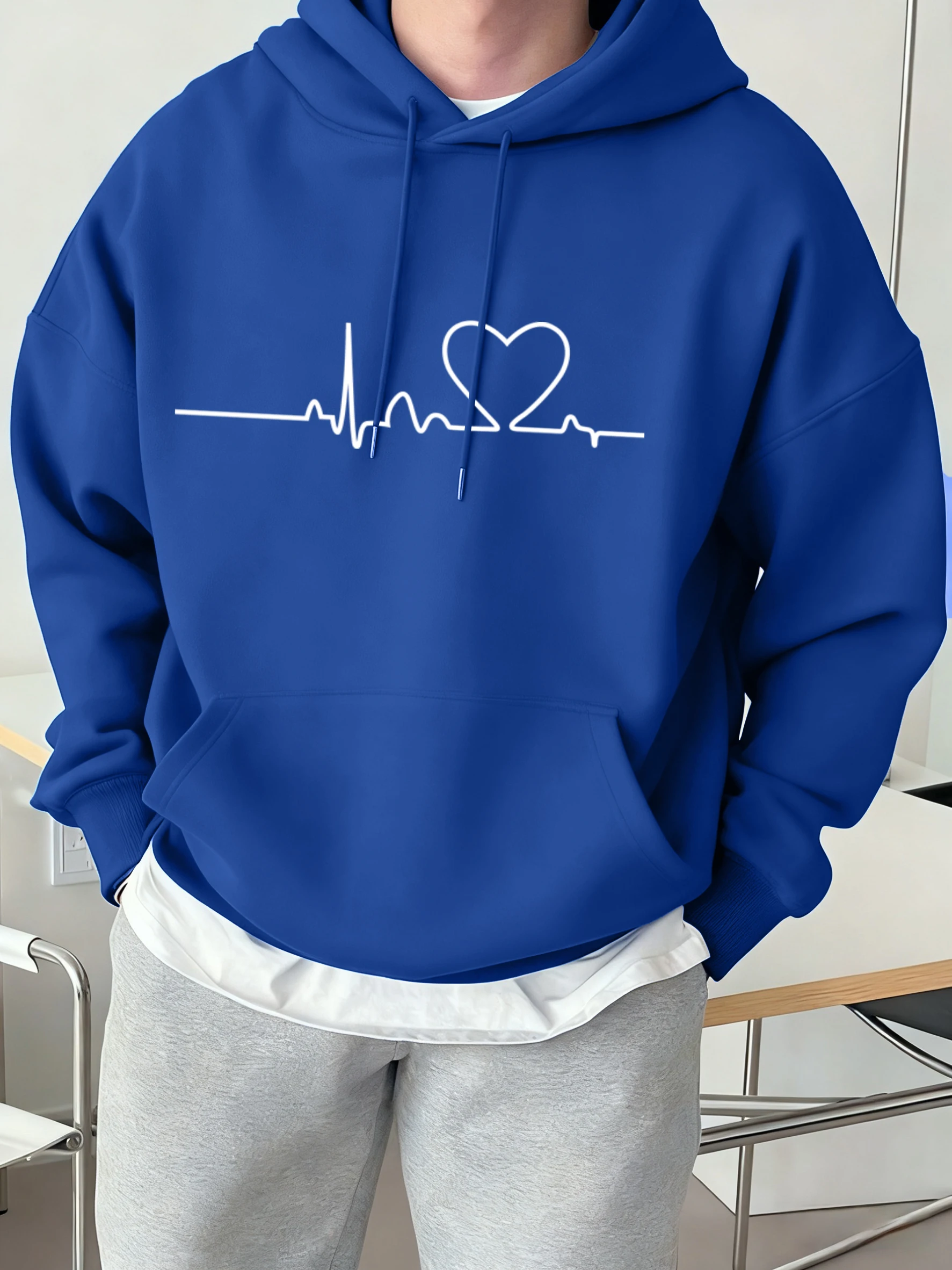 Muster von Elektrokardiogramm gedruckt Mann Hoodie trendige Herbst All-Match-Kleidung lose Fleece Streetwear Hip Hop Herren Pullover