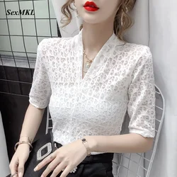 Hollow Out Summer Lace Blouses Womens 2024 Fashion Streetwear Transparent White Ladies Tops Korean Slim Sexy Black Blouse XXL