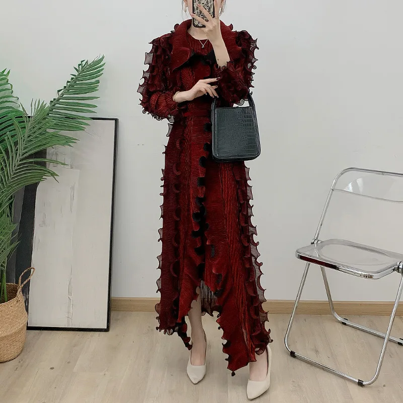 Pleats Pleated Skirt Set Wood Ear Edge French Evening Dress 2024 Fall Gold Silk Thread Outwear Long Jacket+Skirt 2-piece Set