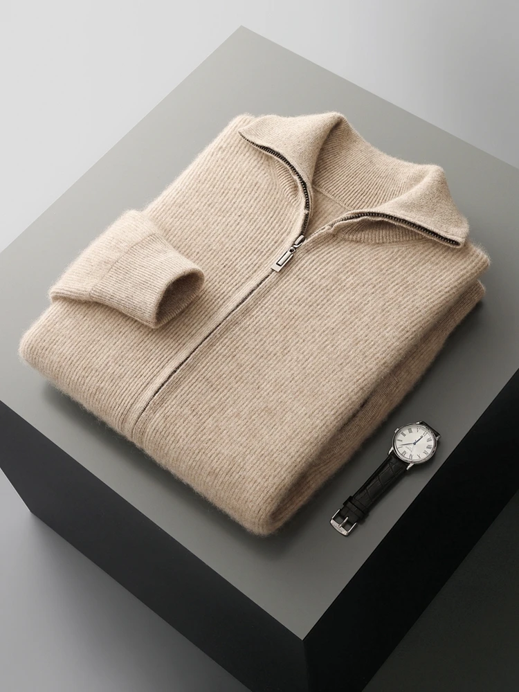 

Шикарный умный повседневный кардиган на молнии, мужской толстый осенне-зимний вязаный свитер из 100% мериносовой шерсти, пальто с отложным воротником, новые мягкие топы