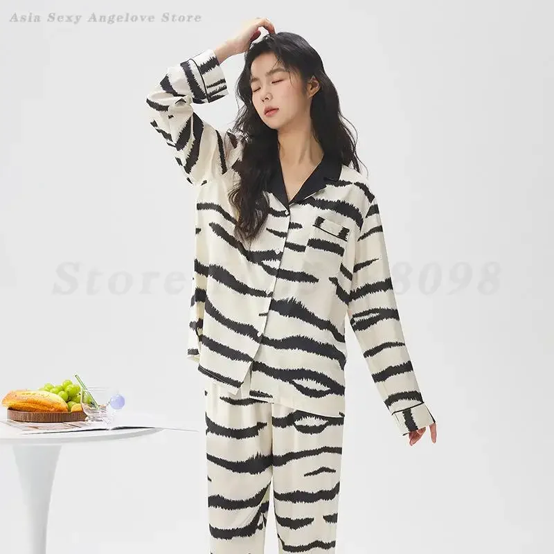 

Женский пижамный комплект из 2 предметов, новая весенняя одежда для сна, домашняя одежда, брючный костюм с длинными рукавами, пижама Pour Femme, одежда для дома в полоску зебры