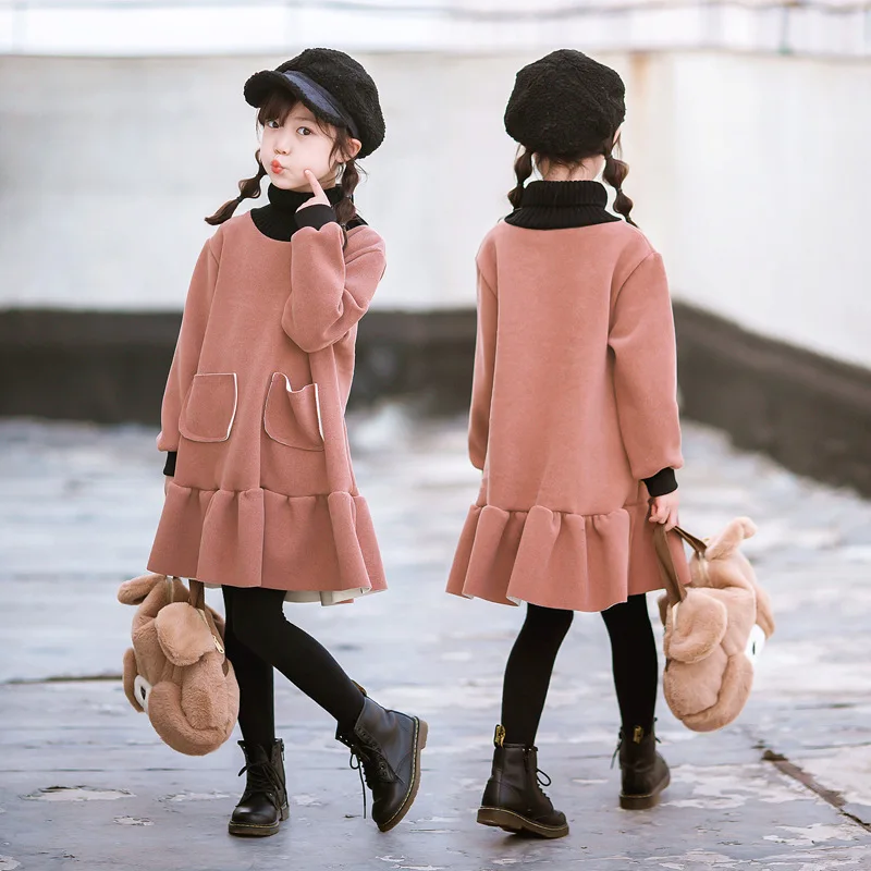 

Winter Girls' New Solid Color Patchwork High Neck Ruffle Edge with Plush Thickened Fashionable Warm Long Sleeved Dress