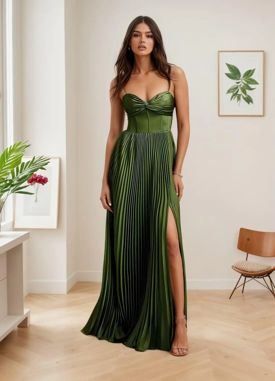 Una línea de vestidos de dama de honor de satén para mujer con abertura larga una línea plisada vestido de invitados de boda vestido de cóctel formal vestido formal