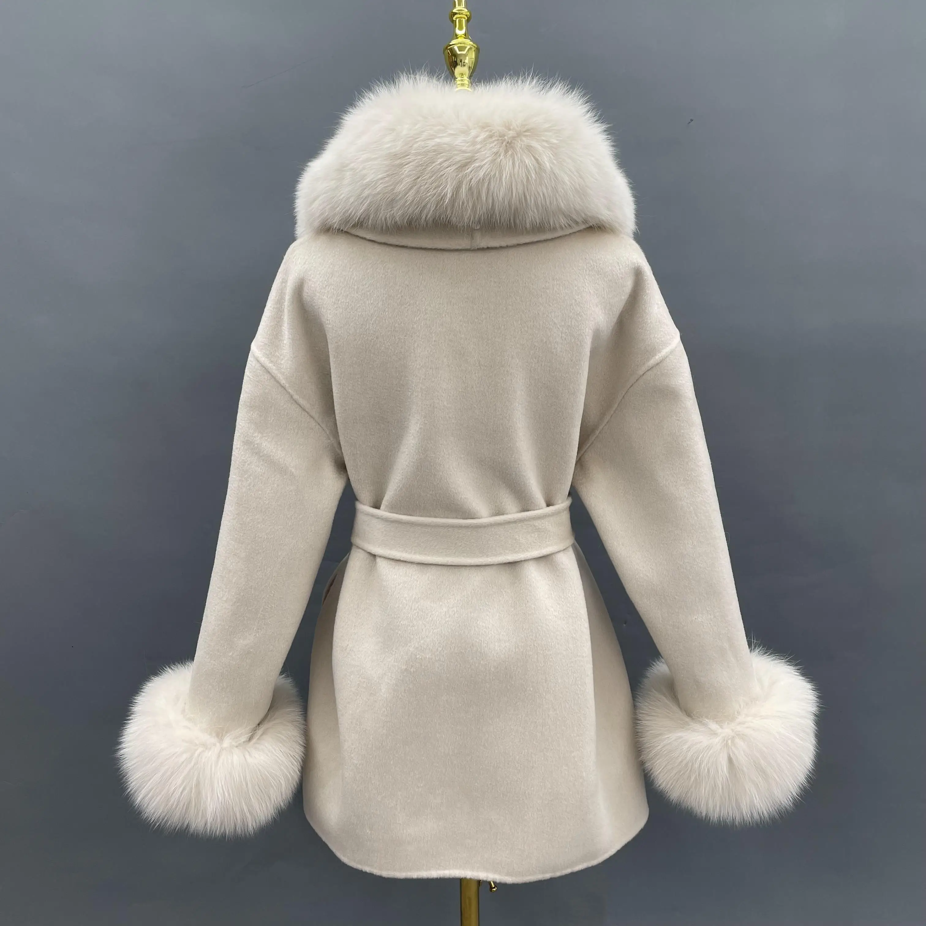 JANEFUR Winter Coat for Women 2022 New Cashmere Wool Coats with Real Fur Collar Cuffs Fashion Elegant Middle Long Lady Outerwear