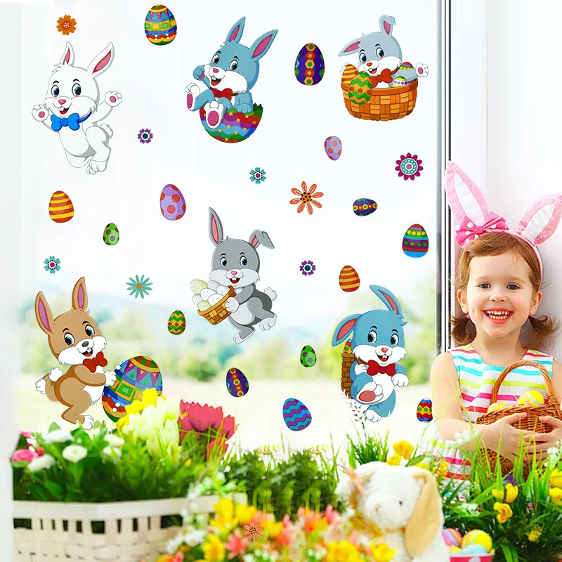 2 Blatt glücklich Ostern Fenster Aufkleber Kaninchen Ei elektro statische Glas Aufkleber Frühlings fest Kinder DIY Wandt attoos Ostern Wohnkultur