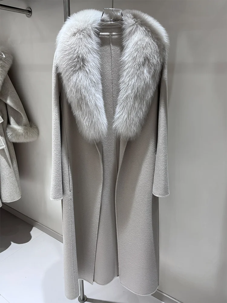 2025 Real Fox Fur Collar Winter Jacket Women Natural Wool Blends Long Coat Double Breasted Belt Warm Streetwear New Fashion