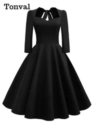 Tonval Sweetheart Neck Solid A-Line Vintage Party Dresses Women Evening Elegant Spring 3/4 Length Sleeve Midi Dress
