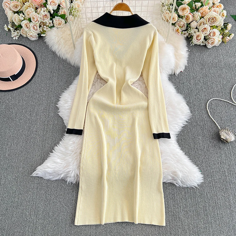 EVNISI Women Casual Knit Dress Pocket Polo Collar Chic Office  A-line Dresses Long Sleeves For Women Party Vestido Spring