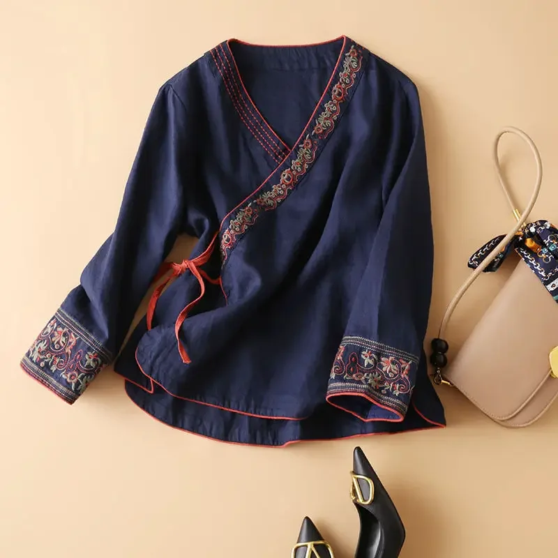 Chinese Style Women Summer Blouse Literary Retro Cardigan Ethnic Cotton Linen Embroidered V-neck Shirt Oriental Hanfu Tops