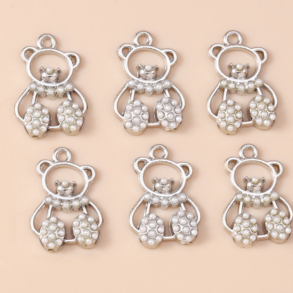 Leslie 4pcs Cute Clear Crystal Pearls Bear Charms Pendants of Necklace Earrings Bracelets DIY Jewelry Making Handmade Jewelry