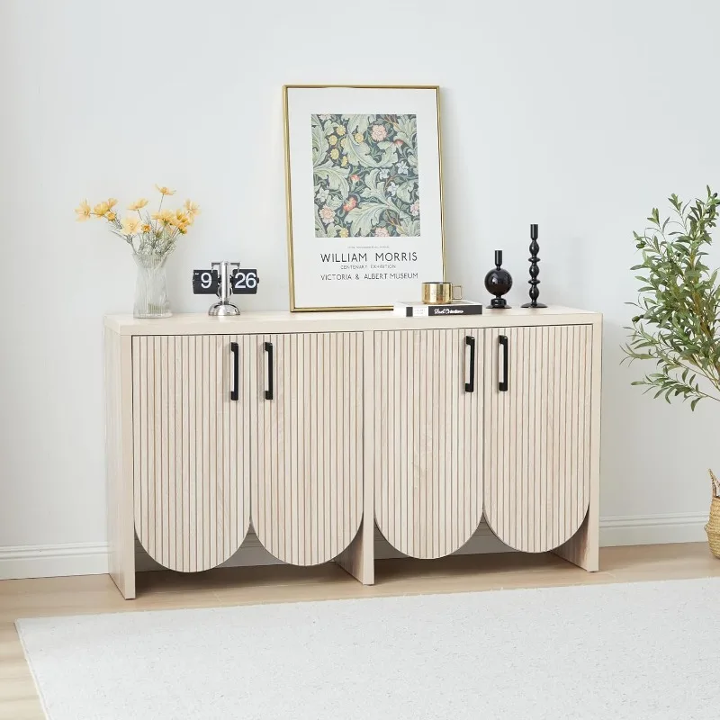 Рифленый буфет-буфет с местом для хранения вещей, Accent Credenza 4, изогнутые двери, регулируемые полки для кухни, гостиной