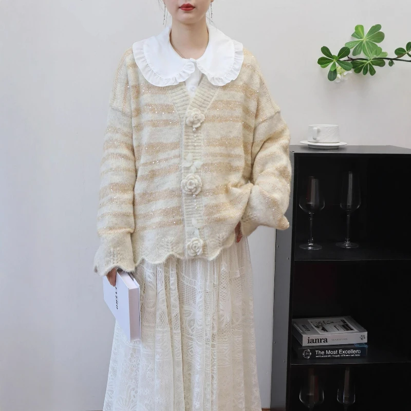 

Cardigan Sweater Women Striped Button Floral V Neck Loose Sweater Coats Thick Spliced Full Sleeve Jumpsuit Casual Autumn Winter