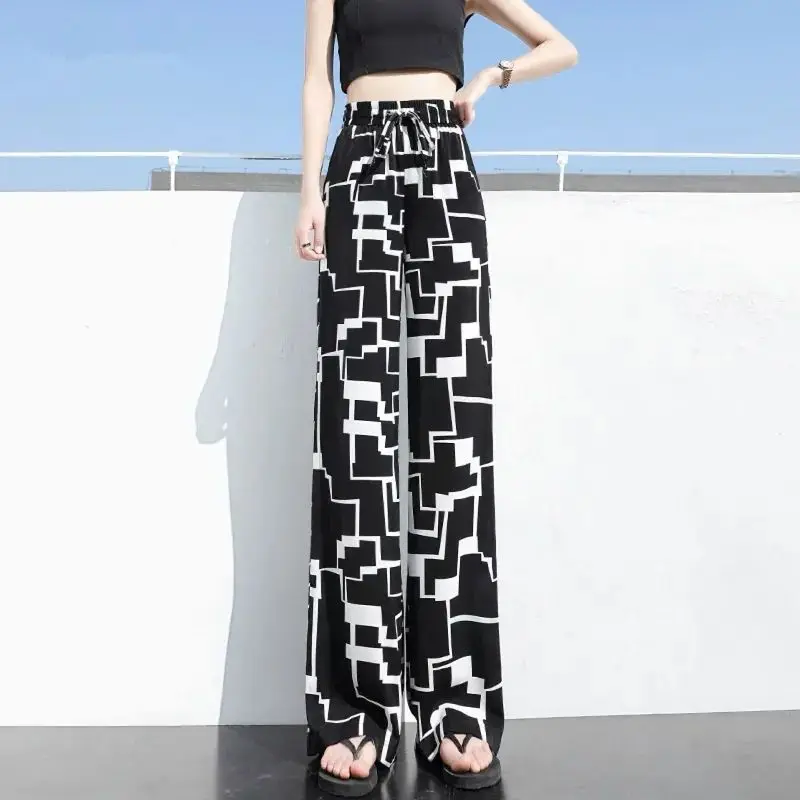 Women\'s Casual All-match Printed Wide Leg Pants Summer Fashionable Drawstring High Waist Straight Trousers New Female Clothing