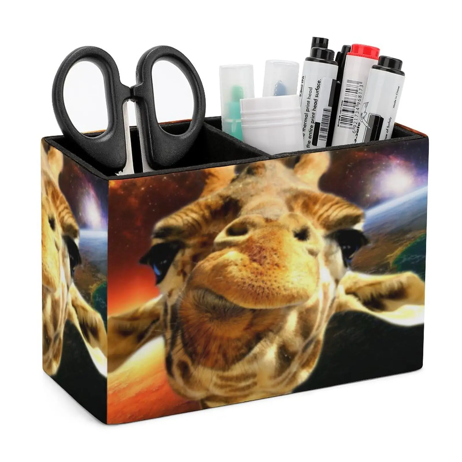 Giraffe Funny Cute Pencil Pen Holder PU Leather Desk Storage Organizer Cute Makeup Brush Box 2 Compartments for Home Office