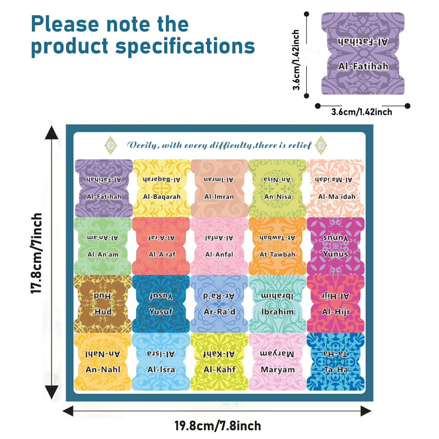 114 Quran Chapter Tabs & 6 Blank Tabs: Self-Adhesive, Tear-Resistant, Clearly Printed for Easy Quran Navigation And Decoration