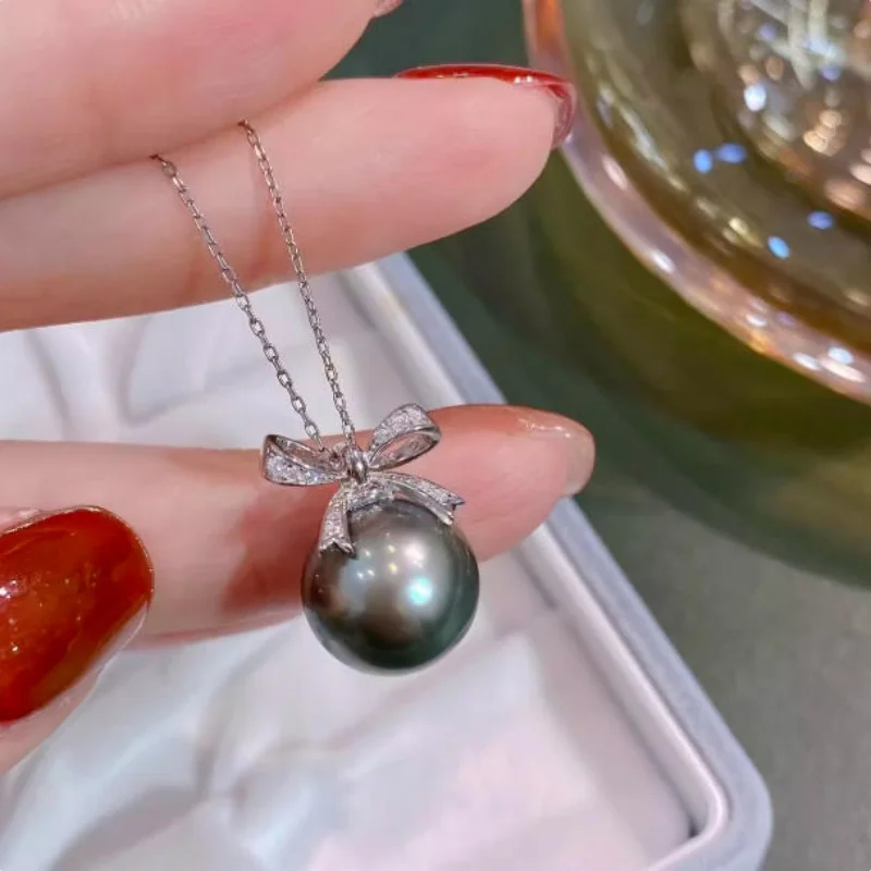 Gorgeous oversized AAAA+natural 10-11mm South China Sea black green circular pearl pendant necklace 18 inches 925 silver