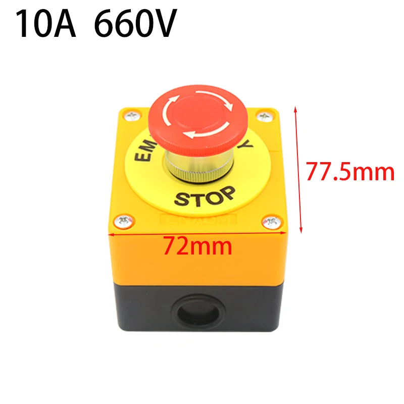 Industrial Emergency Stop Switch Mushroom Head Button , NO NC Contact, AC660V 10A, Plastic Enclosure with Single Hole Moun
