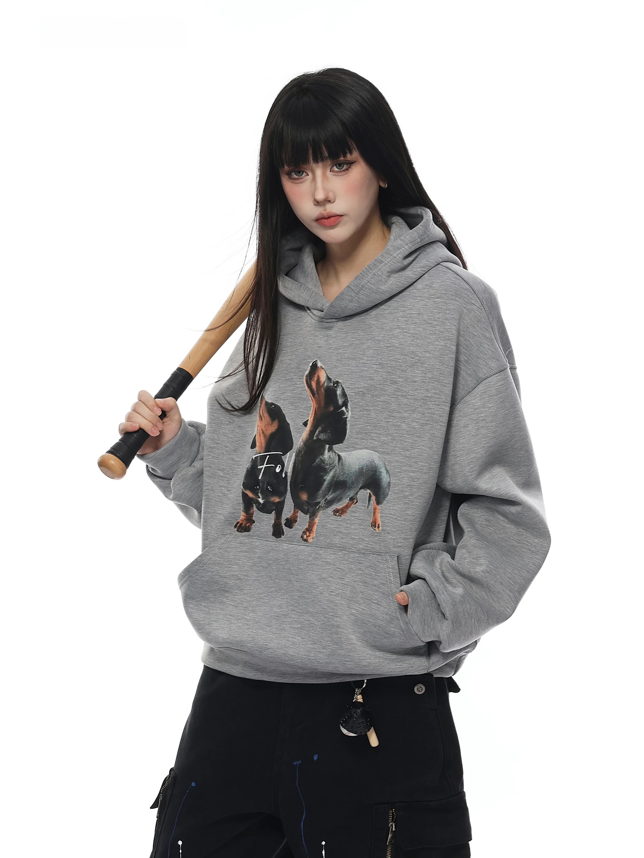 

Vinmuk American Retro Thiened Hoodie Sweatirt with Sausage Dog Print Loose Top for Men And Women Cotton Polyester Blend L...