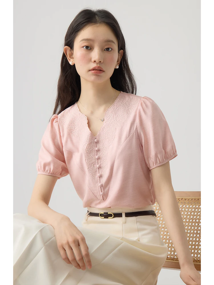 

ZIQIAO French Style V-neck Embroidered Women Shirt Versatile Casual Short Sleeve 2024 Summer Puff Sleeve Elegant Top 24ZQ92169