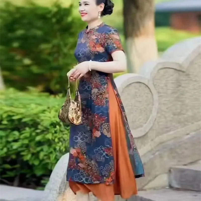 Women\'s Dress 2025 Summer Loose Ethnic Style Retro mom Outfit Improved Cheongsam Dress Print Medium Long A-line Skirt Commuting