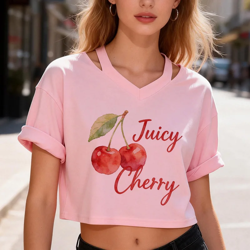 Sexy Graphic Tshirt Fresh Cherry Print Women's Y2k Crop Tops Fashion Crew Neck Short Sleeve T-Shirt 90s Cropped T Shirt Clothes