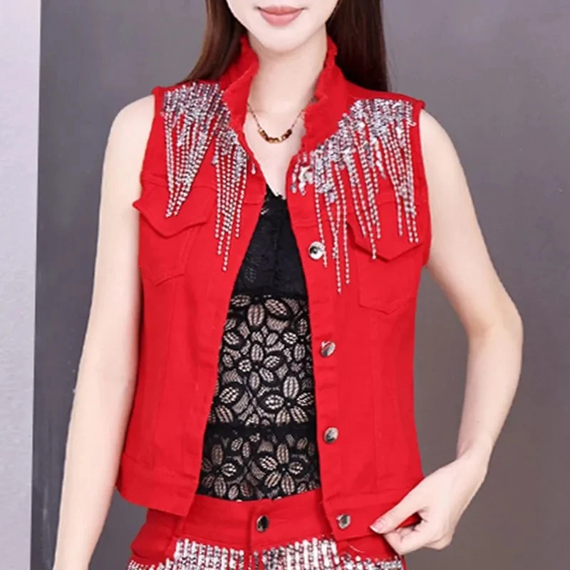 Rompi Modis Set Pendek Pakaian Jalan Wanita 2025 Musim Semi Musim Panas Versi Korea Baru Atasan Payet Rumbai + Celana Pendek Set Kasual Dua Potong