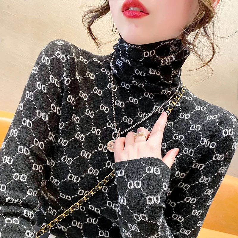 

Women Fashion Vintage Turtleneck Sweaters Autumn Winter Y2k Letter Jacquard Wool Knitwear Tops Elastic Slim Casual Pullovers