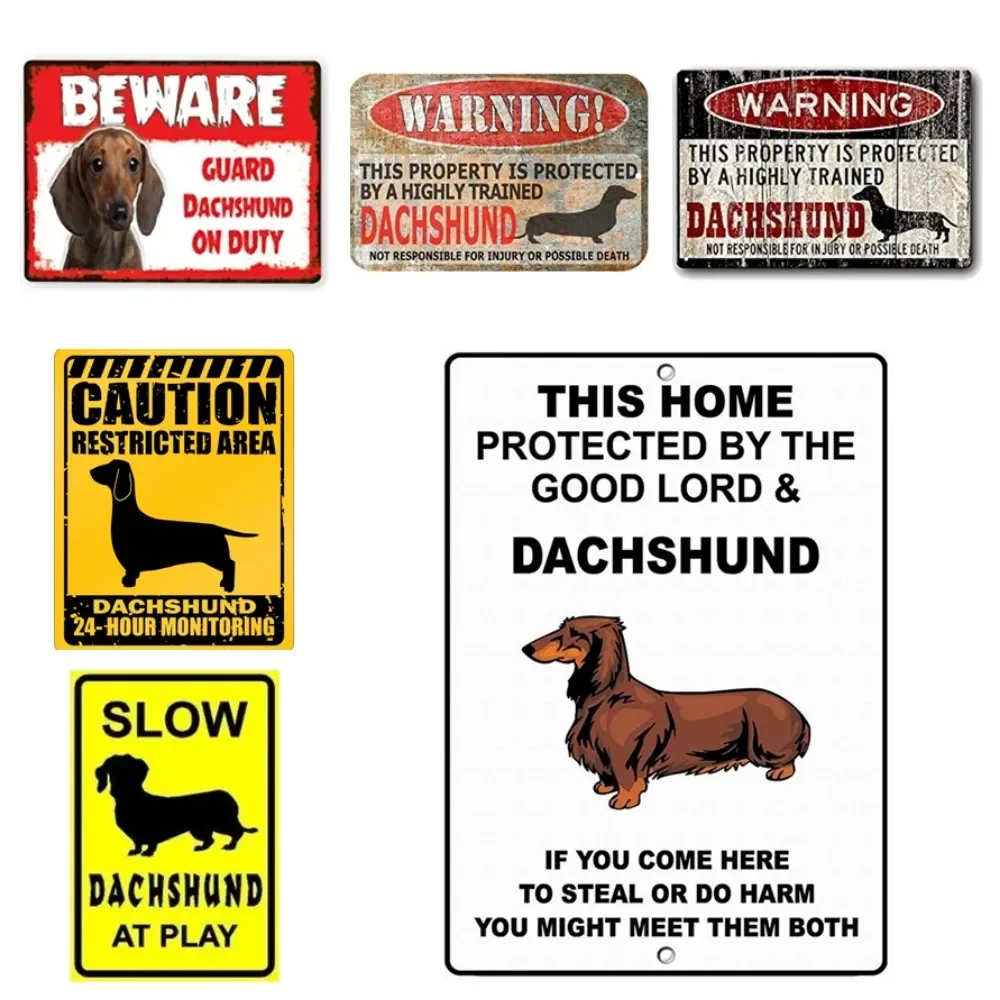 علامة قصدير معدنية مزخرفة عتيقة تحذير منطقة محدودة Dachshund مراقبة 24 ساعة تحذير لوحة معدنية مزخرفة 8x12 بوصة
