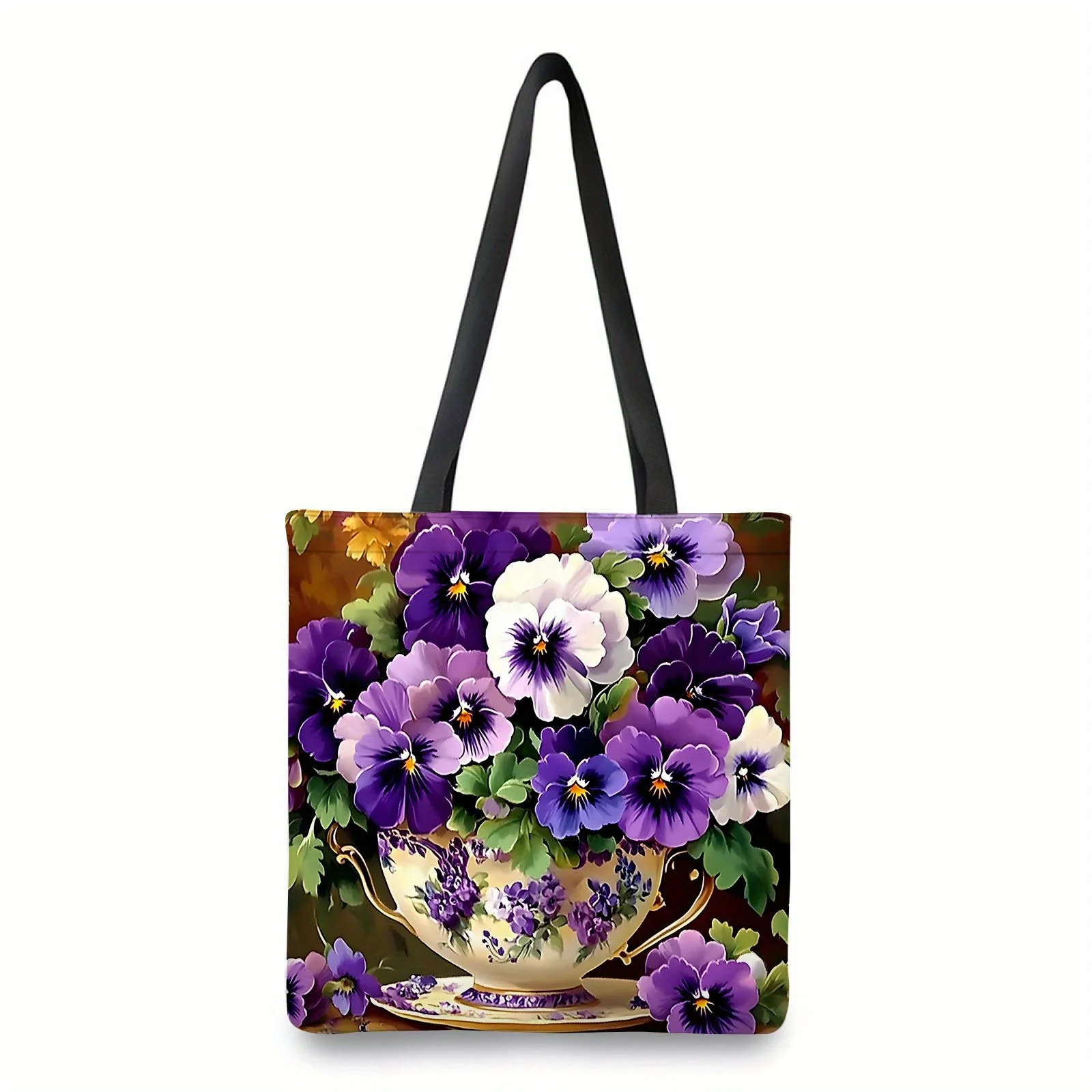 パンジー柄トートバッグ1点 - 鮮やかな紫と白の花柄デザイン、丈夫な生地のショルダーバッグ、ショッピング、通勤、旅行に