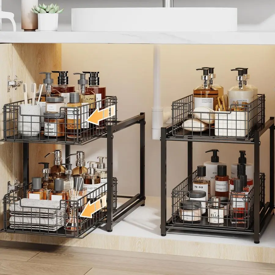 

Органайзер для раковины, 2-уровневый выдвижной органайзер для шкафа, регулируемый по высоте органайзер и система хранения для ванной комнаты, полка для специй для кухни, выдвижная.
