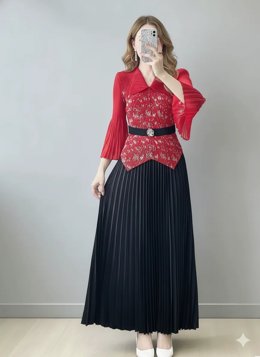 

Miyake Pleated 2026 New Spring and Fall Fashion Suit Two-piece Foreign Women's Pleated Blouse Swing Bust Long Skirt Wear Pleats