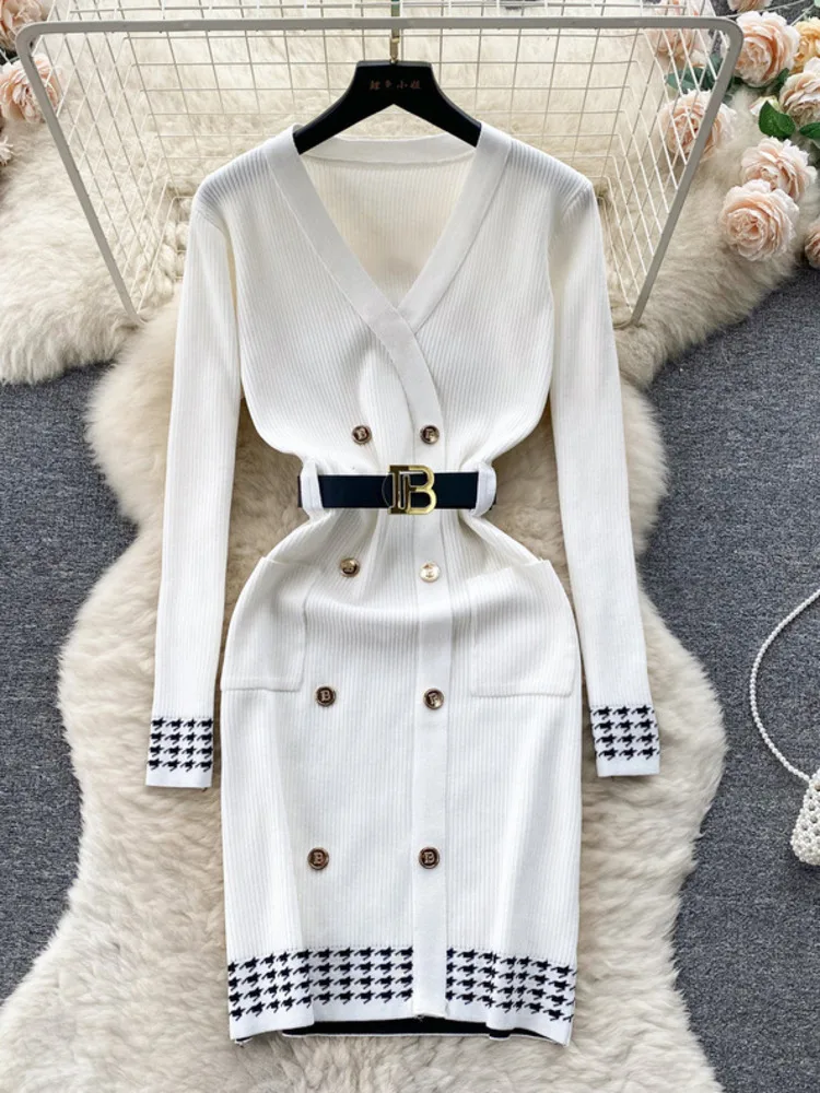 

Spring Autumn Vintage Knit Dress Women Sexy V Neck Long Sleeve Single Breasted Houndstooth Pattern Short Office Dress with Belt