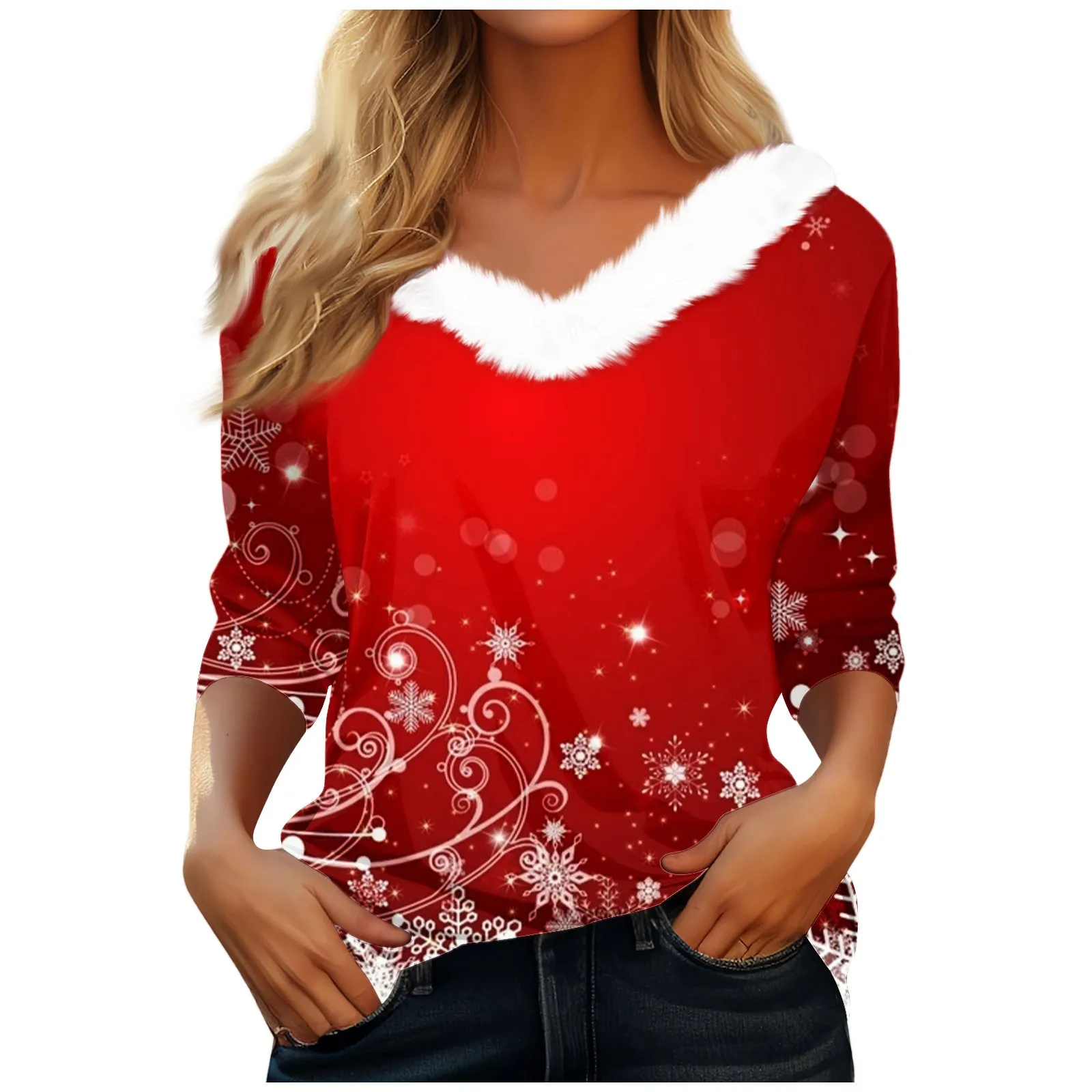 Women's Christmas print T Shirt Tee female Long Sleeve Pullover tops ladies Party Christmas Fleece Collar V Neck Top 2023