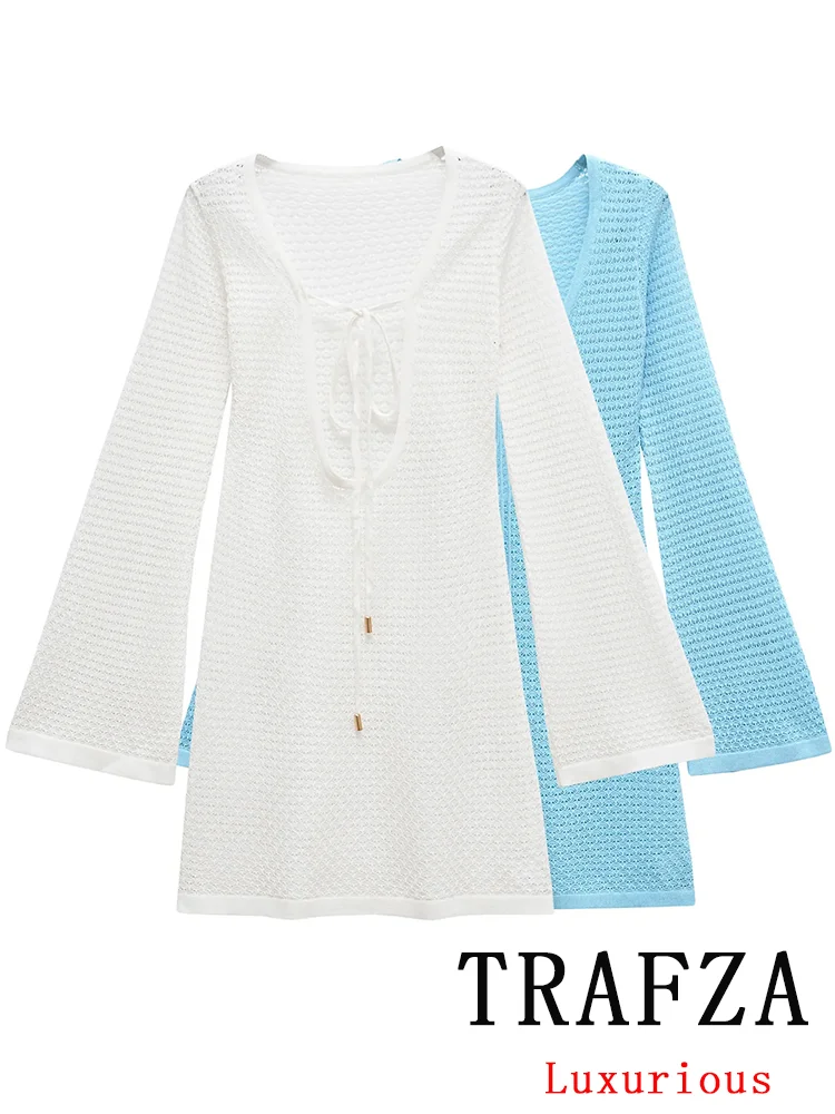 TRAFZA playa Casual Chic vestido de mujer sólido cuello redondo manga larga Mini vestido moda 2025 Primavera Verano Boho fiesta vestido femenino