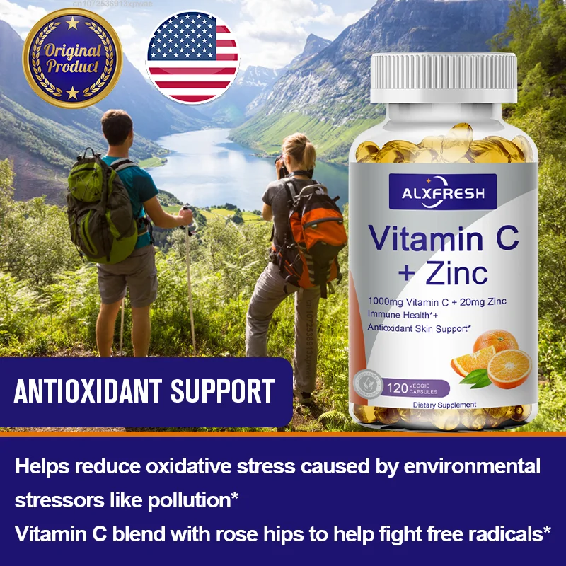 Alxfresh Vitamin C 1000mg with Zinc 20mg | Vitamin Dietery Supplement | Non-GMO & Gluten Free Vegan | for Immune Support Caps