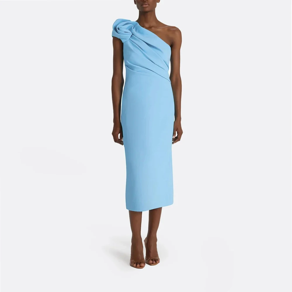 فساتين سهرة أنيقة من Arya باللون الأزرق السماوي من الجيرسيه لمنتصف العجل بكتف واحد للحفلات الراقصة مستقيمة من فيستدوس دي فييستا مخصصة #1