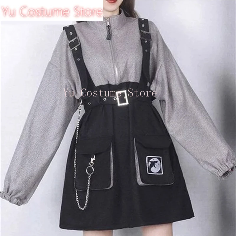 

Yu CostumeDress Gothic Girls Y2K Vintage Clothes Strap Belt Chain Loose Casual Sweatshirt Dresses Sets Lolita Korean Robe Femme