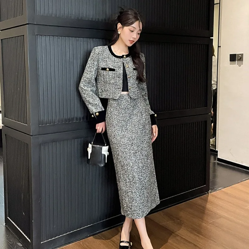 2024 New Women Tweed Cadigan Jacket + Pencil Midi Skirt Long Sleeve Single-breasted Small Fragrance Short Coat Two Piece Set