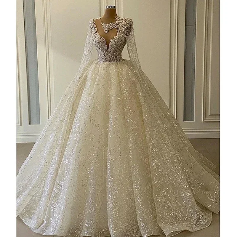 Gurgeous lantejoulas princesa vestido de baile apliques vestidos de casamento o pescoço até o chão vestido de noiva vestidos de novia personalizado