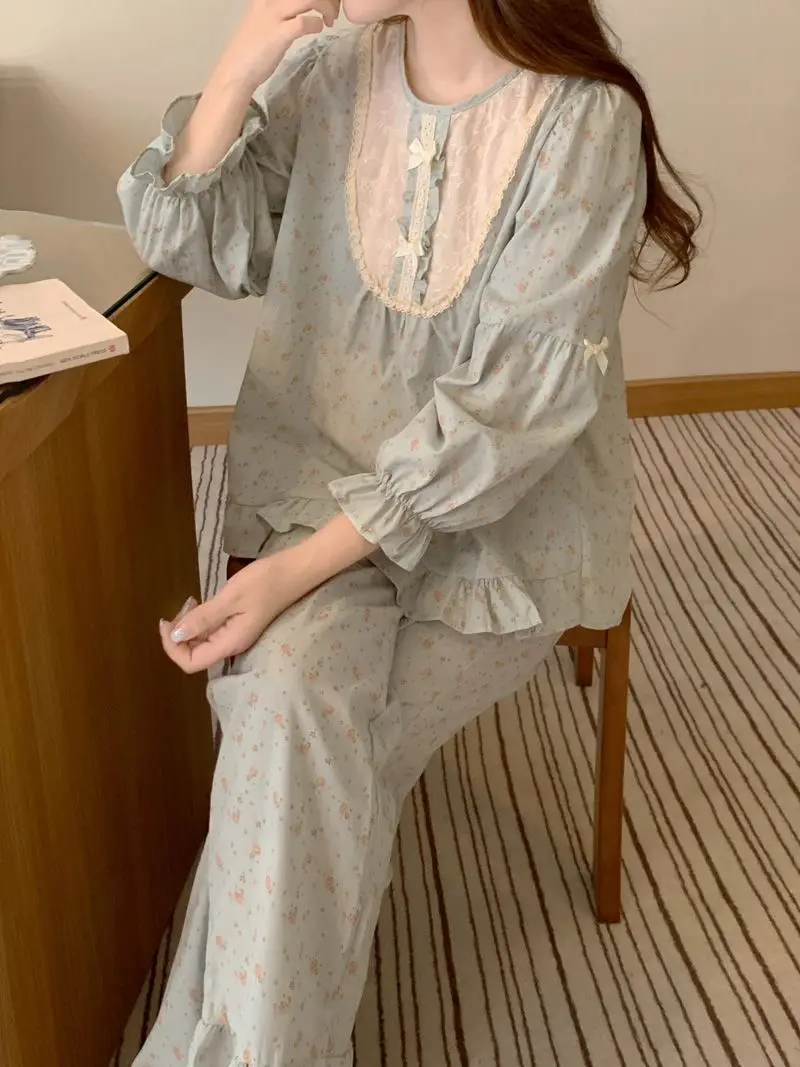 

Симпатичные пижамные комплекты в корейском стиле для девочек в пасторальном стиле, свободная кружевная домашняя одежда с цветочным принтом, комплект из 2 предметов, новая женская одежда для сна из двух предметов