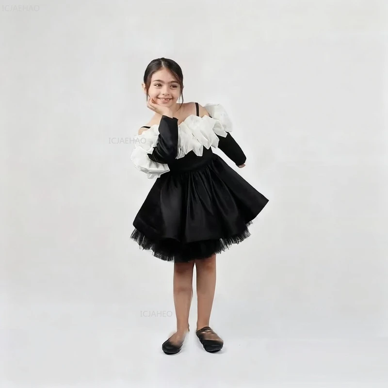 Children Long Sleeve Puffy Dress for Girls Black Spaghetti Strap Princess Gown Host Piano Performance Party Pageant Kids Costume