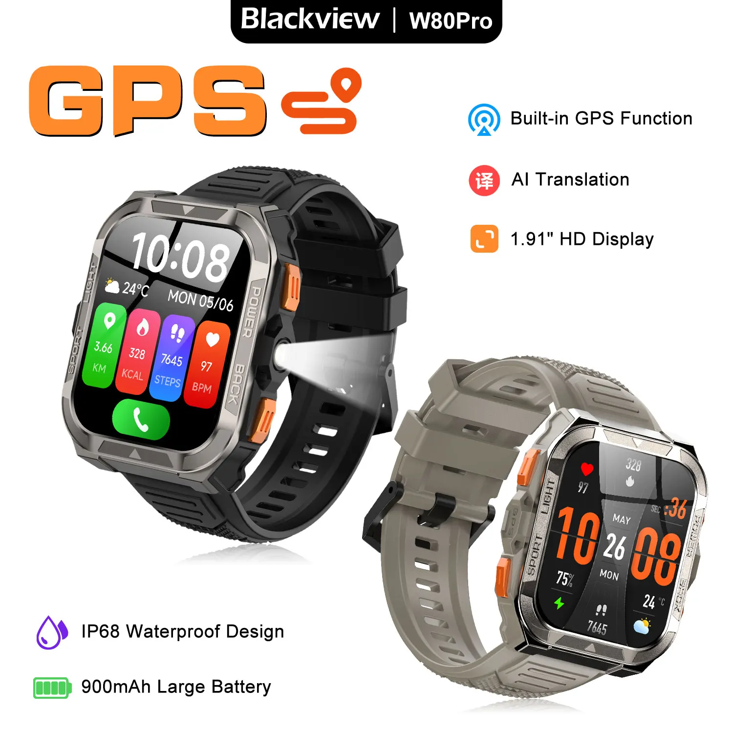 

Blackview New Outdoor Smart Watch with LED Flashlight W80 Pro GPS Smartwatch 900mAh 1.91'' TFT Display Watches for Men Women