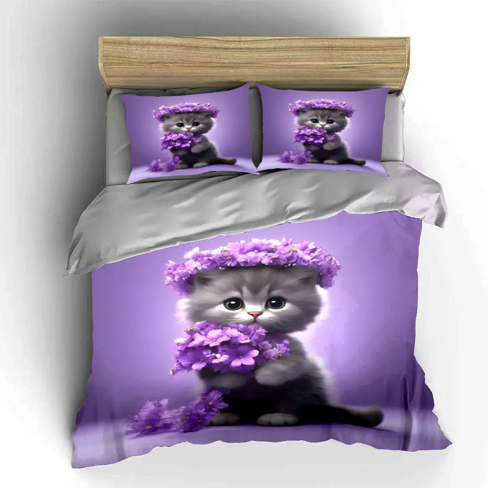 Cat adorned with purple flowers Print Bedding Set 1 Duvet Cover 2 Pillowcases for Adult and Children Luxury Gift Full Size 5