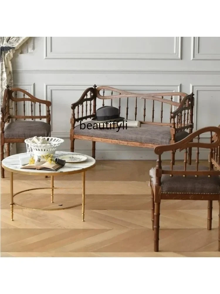 

Solid Wood Carving Corner Chair Mid-Ancient Distressed Roman Column Dining Chair Leisure Viewing Bench Soft