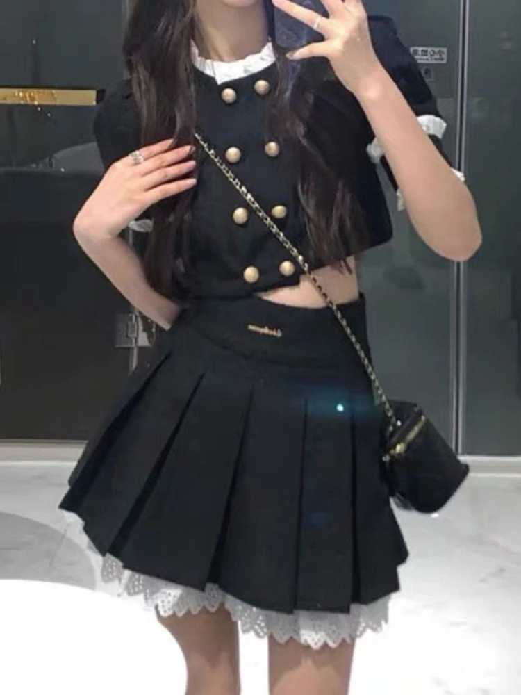 New in 2 Piece Set Short Sets Summer Fashion Black Casual Short Skirt Elegant O-Neck Korean Version Commuter Women's Clothing