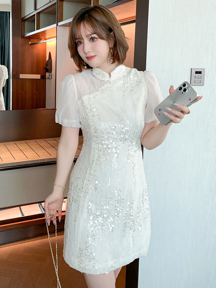 

Винтажное платье-ципао MIUCO с пуговицами и бисером, приталенное, с пышными рукавами, воротником-стойкой, завышенной талией, коротким рукавом, в деловом стиле